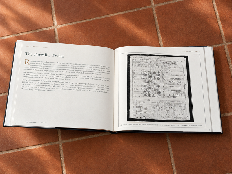 A book spread titled 'The Farrells, Twice,' pairing a narrative vignette with a scanned 1920 federal census record
